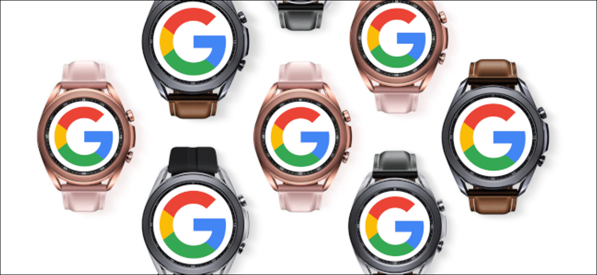 Sette smartwatch Samsung Galaxy con il logo di Google sui loro volti.