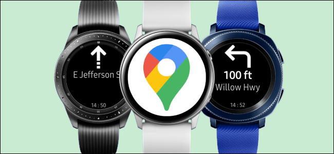 Tre smartwatch Samsung Galaxy con indicazioni da Google Maps.