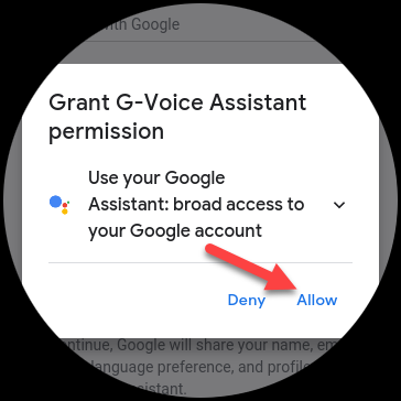 แตะ "อนุญาต" เพื่ออนุญาตให้แอปใช้ Google Assistant