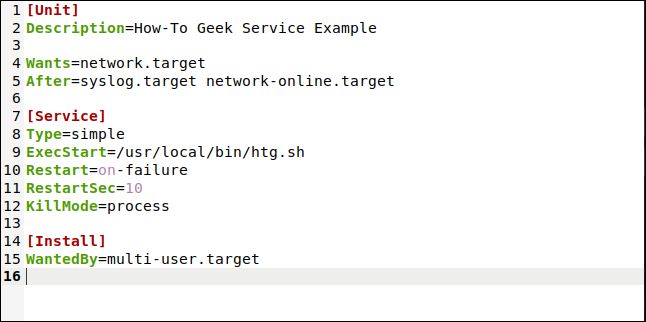 gedit 편집기의 htg.service 단위 파일