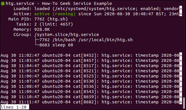 Status do htg.service em uma janela de terminal