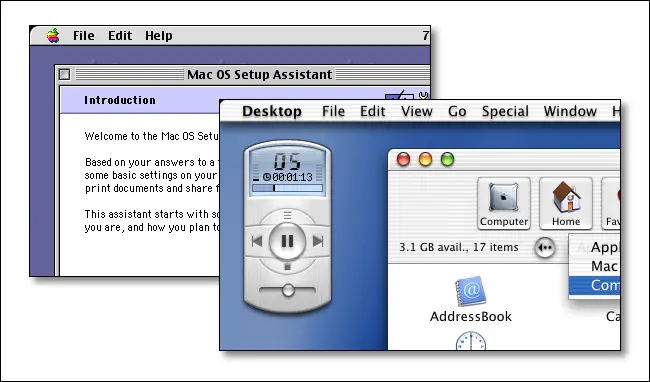 Apple Mac OS 9 인터페이스 및 Mac OS X 공개 베타 인터페이스.