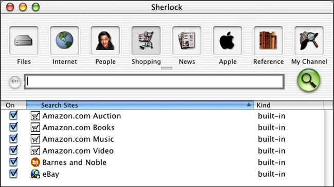 Jendela pencarian Sherlock di Mac OS X Public Beta.