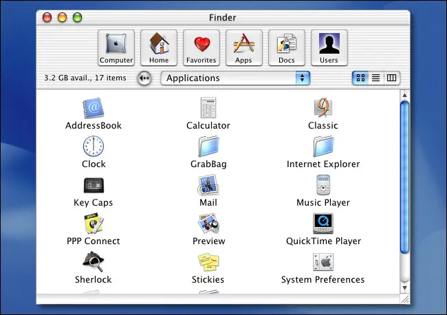 Apple Mac OS X 공개 베타의 Finder 윈도우.