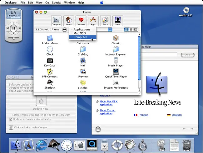 Apple Mac OS X 공개 베타 데스크탑에서 여러 메뉴가 열립니다.