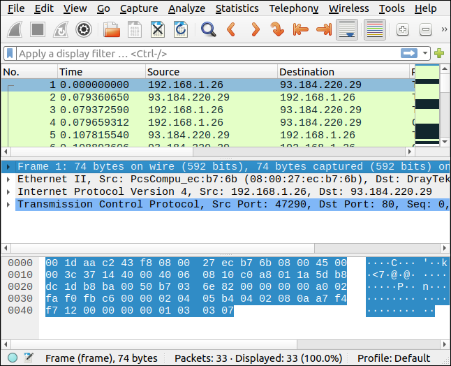 Pachete selectate din Brim afișate în Wireshark.