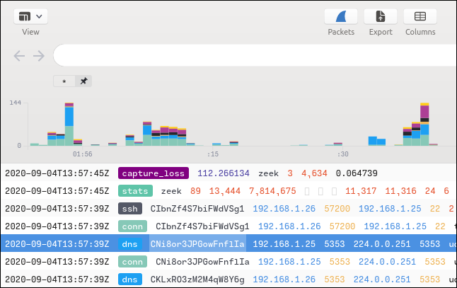 La finestra principale di Brim con un file PCAP caricato.