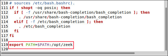 gedit 编辑器中的 BASHRC 文件，带有行 export PATH=$PATH:/opt/zeek。