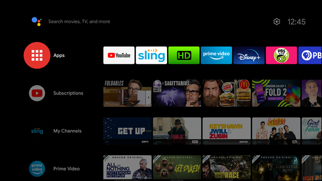 A tela inicial em uma smart TV Android.