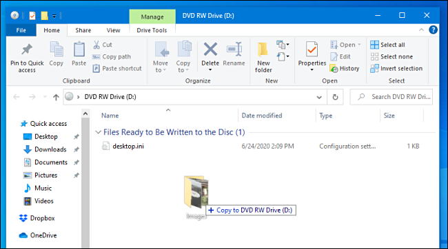 Copia di file su un disco masterizzato in Windows 10.