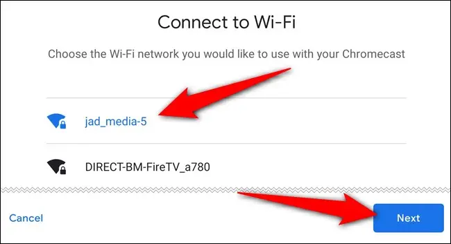 Choisissez le réseau Wi-Fi, appuyez sur le bouton "Suivant", puis connectez-vous