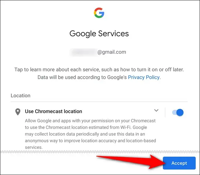 Activez les services Google et appuyez sur "Accepter"