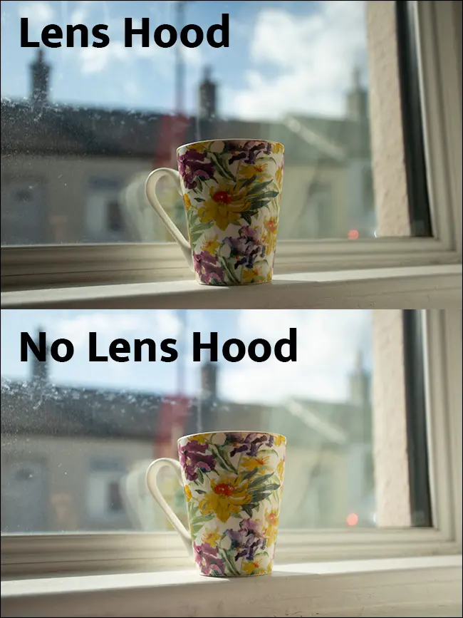 Dos fotos de una taza en el alféizar de una ventana, una con un parasol y otra sin él.