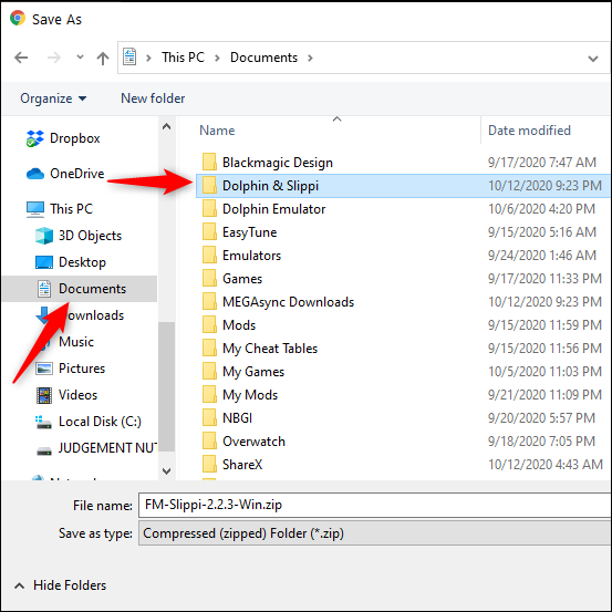 Haz clic en "Documentos" y luego selecciona "Dolphin and Slippi" como tu ubicación de descarga.