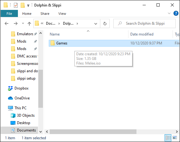 「DolphinandSlippi」フォルダ内の「Games」フォルダ。