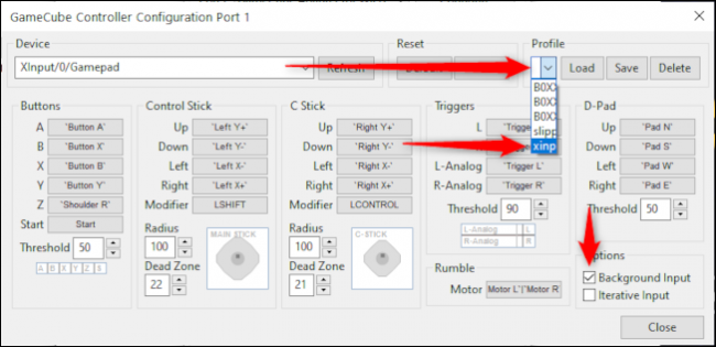 「XinputGamecube」を選択し、「Load」をクリックしてから、「BackgroundInput」を選択します。