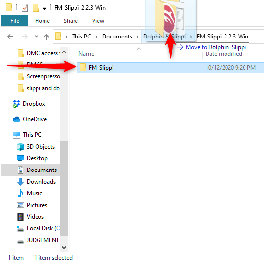 Arrastre y suelte la carpeta "FM-Slippi" en la carpeta "Dolphin and Slippi".