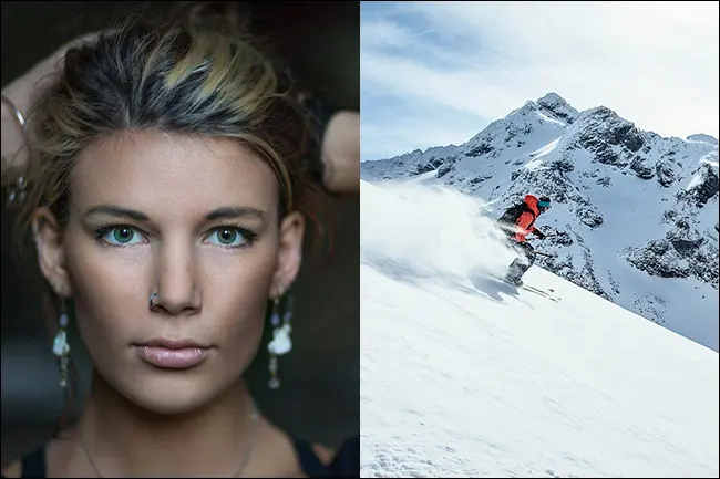 Un ritratto di una donna a sinistra con una profondità di campo ridotta e uno sciatore che scende da una montagna innevata con una grande profondità di campo a destra.