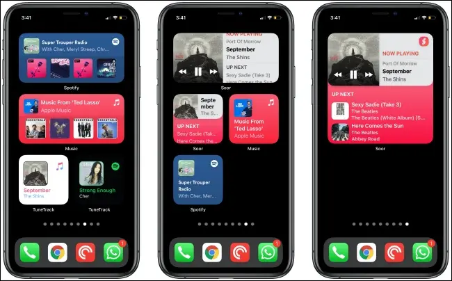 Üç iPhone'da Müzik Widget'ları.