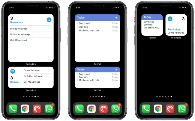 Üç iPhone'da Hatırlatıcılar ve TickTick Widget'ları.