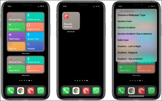 Üç iPhone'da Kısayollar Widget'ları.