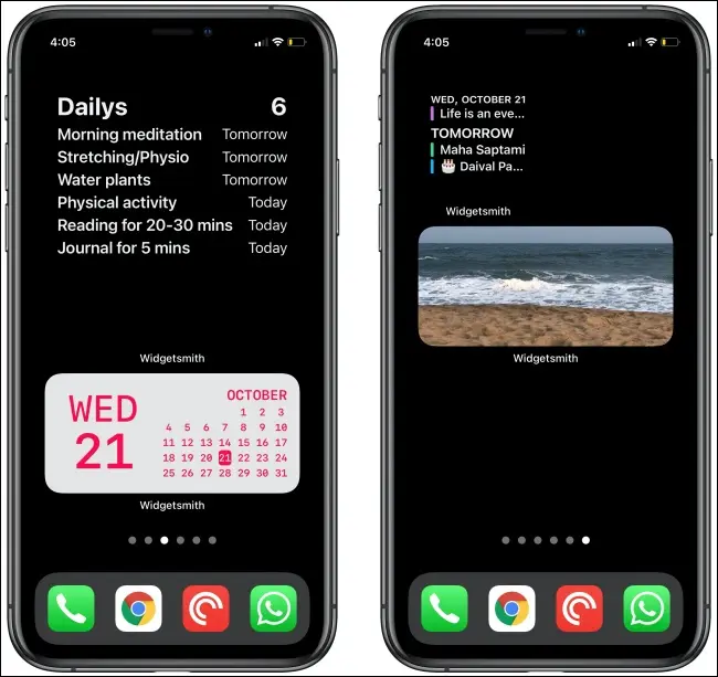 İki iPhone'da iki Widgetsmith widget'ı.