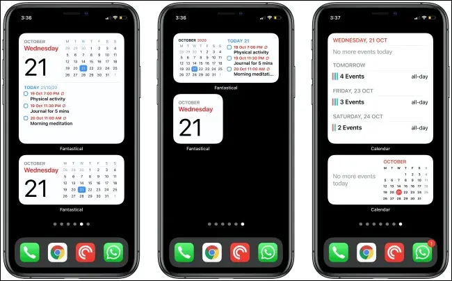 Widgets fantastiques et calendrier sur trois iPhones.