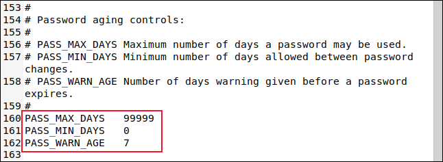 I controlli sull'invecchiamento della password nell'editor di gedit.