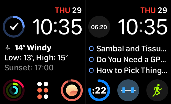 Dos esferas de reloj Infograph Modular, una con información de seguimiento de entrenamiento.