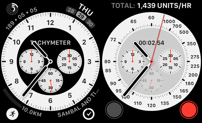 Ein Chronograph Pro-Zifferblatt mit einer eingebauten Tachymeter-Komplikation.