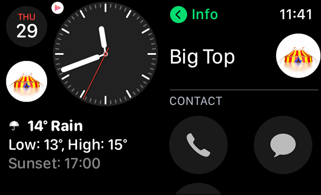 Um atalho de contato definido como uma complicação em um Apple Watch.