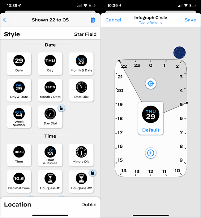 Menu pembuatan komplikasi di aplikasi Watchsmith di iPhone.