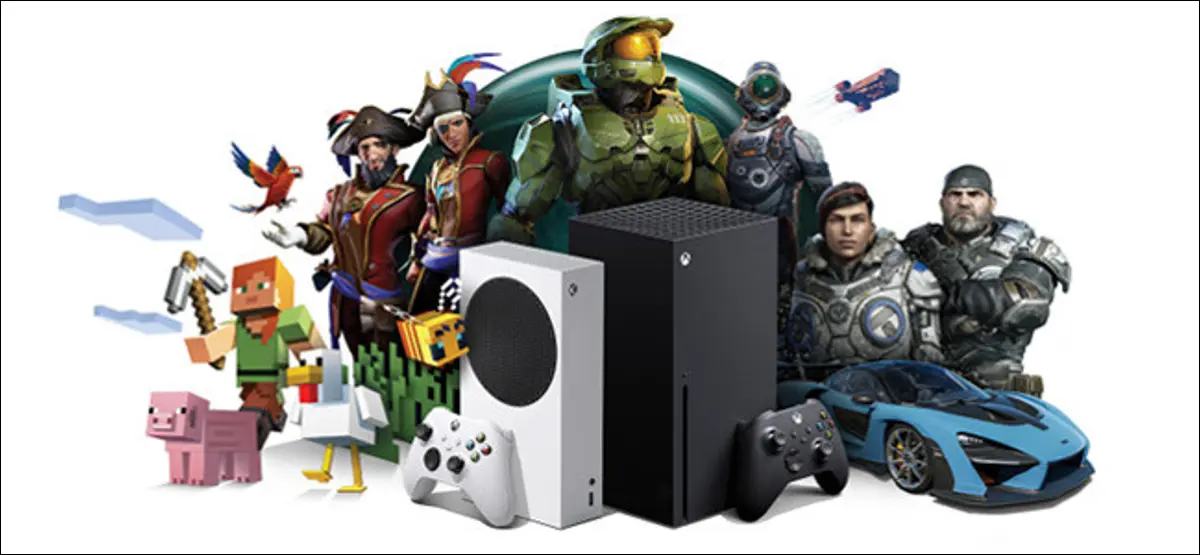 Konsole Xbox Series X i S otoczone postaciami z gier Microsoftu.