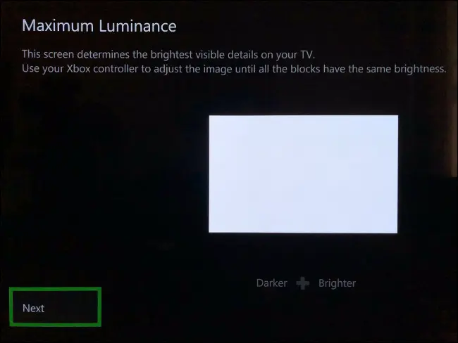 XboxシリーズXおよびSのゲーム用HDRキャリブレーションの「最大輝度」セクション。