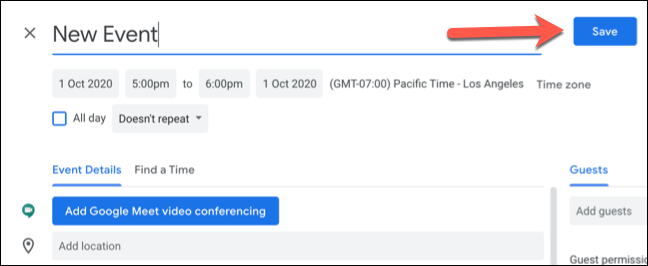 Faceți clic pe „Salvați” pentru a salva noul eveniment Google Calendar cu fusuri orare personalizate.