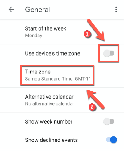 Toque el control deslizante "Usar la zona horaria del dispositivo" en la posición de apagado, luego haga clic en la opción "Zona horaria" debajo.