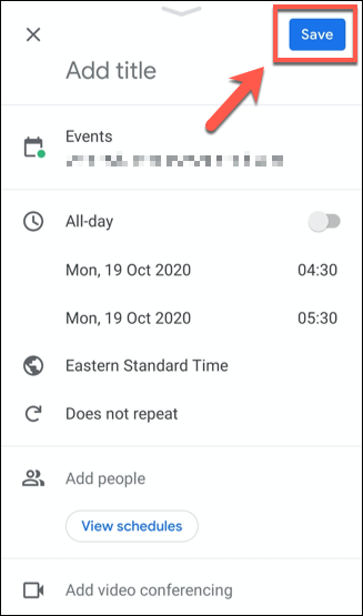 Salva un evento di Google Calendar toccando il pulsante "Salva".