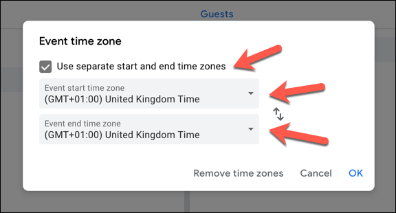 Para agregar una zona horaria secundaria, haga clic en la casilla de verificación "Usar zonas horarias de inicio y fin separadas". Seleccione una zona horaria principal (o principal y secundaria) de los menús desplegables