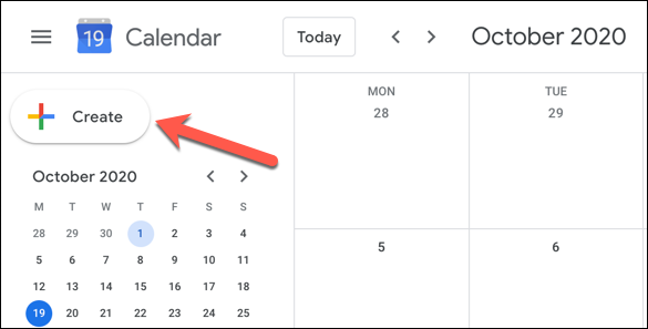 Di antarmuka web Google Kalender, klik tombol "Buat" di kiri atas