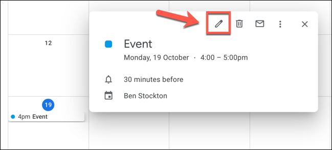 Fai clic su un evento in Google Calendar, quindi fai clic sul pulsante "Modifica evento" per iniziare a modificarlo.