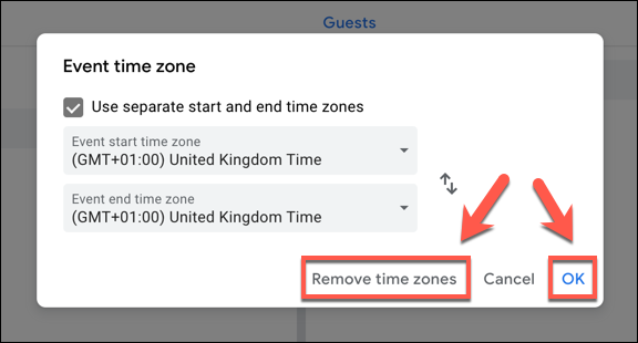 Haga clic en "Eliminar zonas horarias" para eliminar las zonas horarias de un evento de Google Calendar o en "Aceptar" para guardarlas.