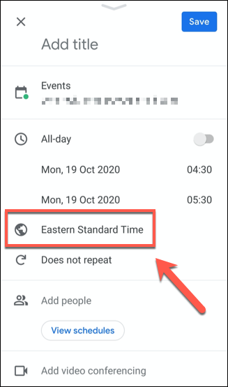 Appuyez sur le fuseau horaire répertorié dans le menu des détails de l'événement pour modifier le fuseau horaire de cet événement.