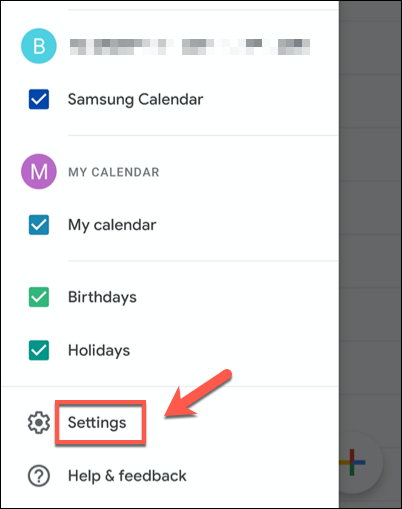 ในเมนู Google ปฏิทิน ให้แตะตัวเลือก "การตั้งค่า"