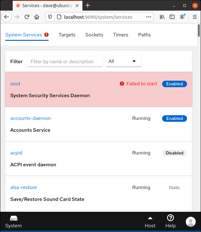 ブラウザウィンドウのコックピットで強調表示されたSSSDデーモンの障害