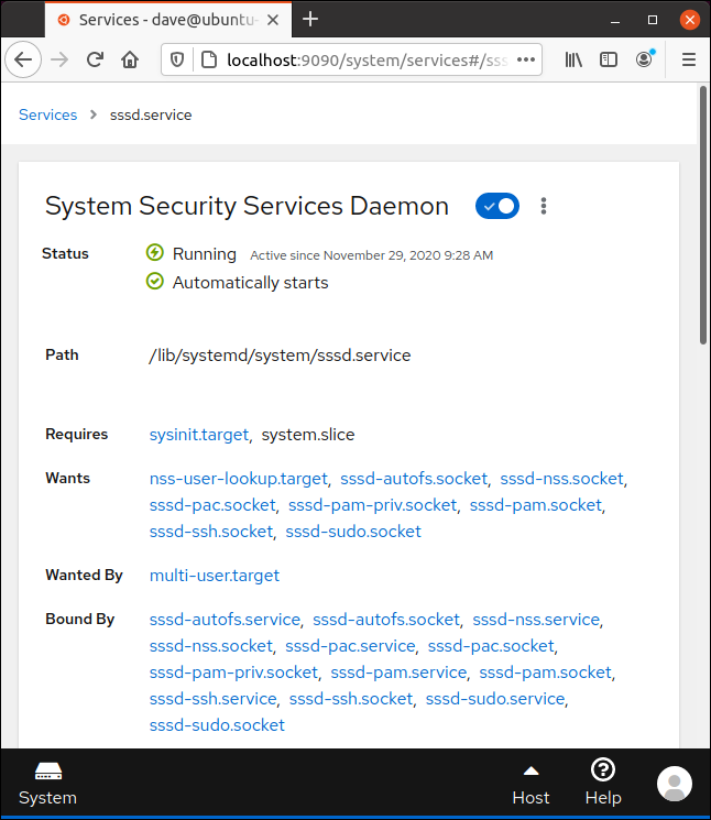 ブラウザウィンドウのコックピットで正常に実行されているSSDサービス