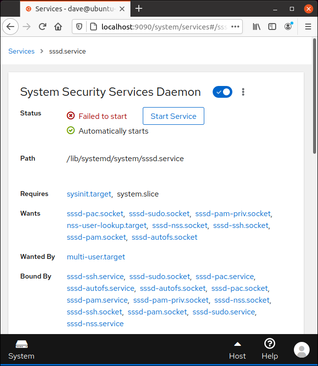 Halaman kontrol SSSD di Kokpit di jendela browser