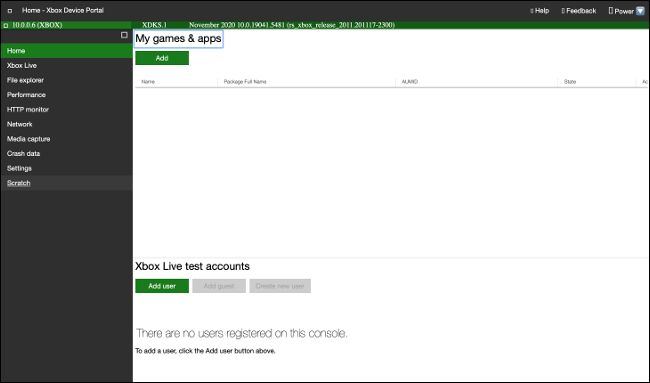 Xbox開発者モードのWebインターフェイス