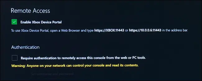 Configurações de acesso remoto no modo de desenvolvedor do Xbox