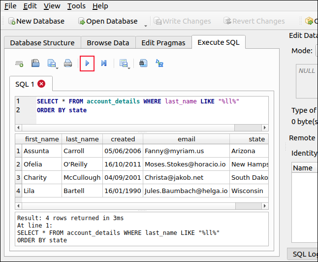 علامة التبويب "تنفيذ SQL" في متصفح DB لـ SQLite