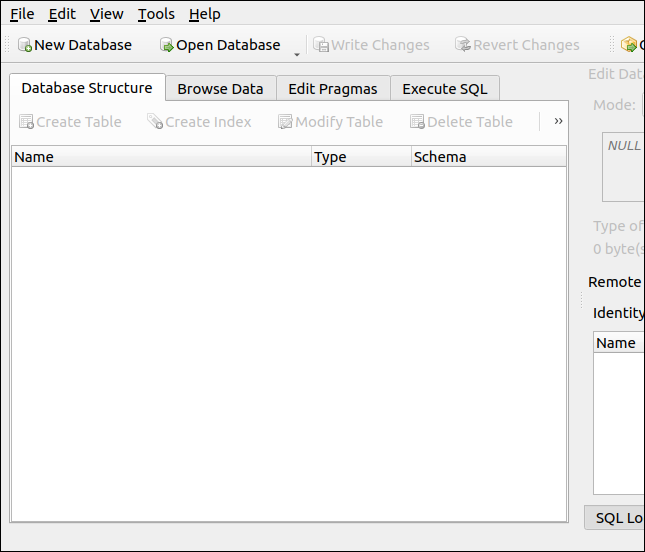 DB Browser สำหรับ SQLite เมื่อเปิดใช้ครั้งแรก